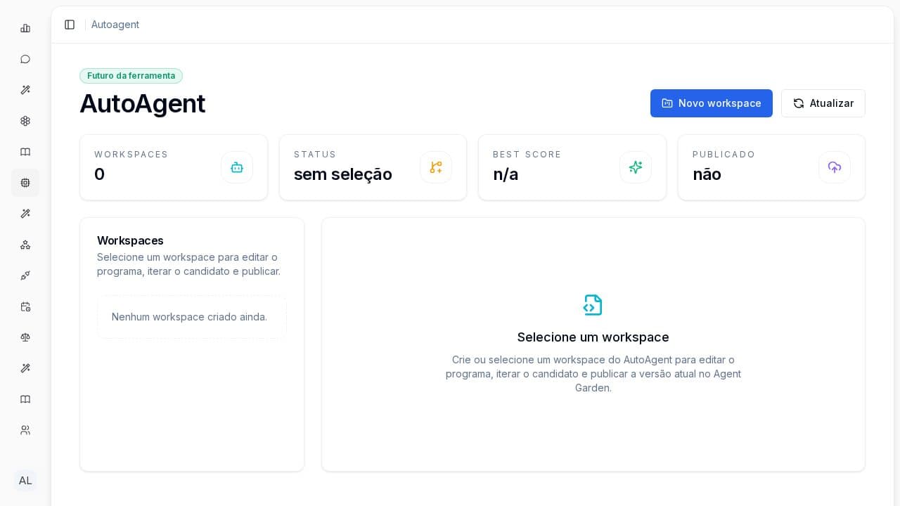 Screenshot real da tela de workspaces do AutoAgent