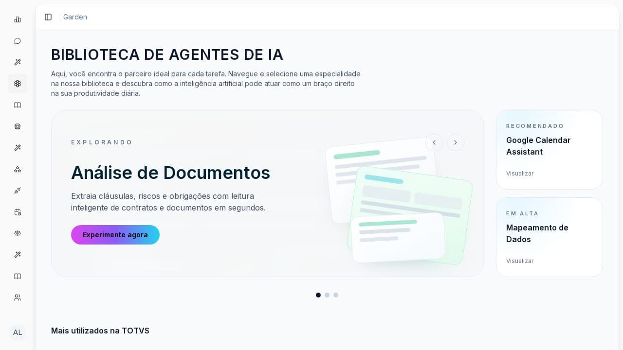 Screenshot real do Garden com a navegação principal da plataforma